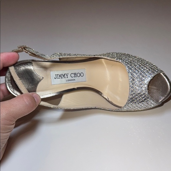 Jimmy Choo Glitter Fabric Champagne Peep Toe Sling Back Heel Size 37 Authentic - Picture 9 of 16